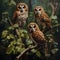 A group of owls on a tree branch