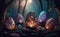 A group of painted eggs sitting in the middle of the woods - Generative ai