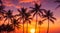 A group of palm trees forming dark silhouettes against a tropical sunset