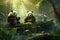 A group of panda bears peacefully sitting atop a lush green forest, A pandas lounging and eating bamboo in a green forest, AI