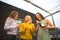 Group of partying girls with flutes with sparkling wine having fun