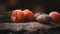 a group of peaches sitting on top of a rock