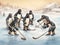 A group of penguins playing a game of ice hockey. Generative AI image.