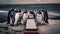 A group of penguins standing next to a cell phone. Generative AI image.