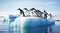 A group of penguins waddle on an iceberg in the background blue sky. Generative AI