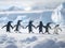 Group of penguins walking on a snowy beach, AI-generated.