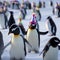 A group of penguins wearing tiny party hats and blowing noisemakers in the snow as the clock strikes midnight1