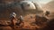 Group of people in astronaut suits on the surface of Mars. In the background, we can see the planet\\\'s landscape.