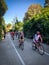 Group of people in bicycle early morning on the bike path in Sanremo