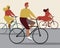 Group of people on a bike, flat vector stock illustration with cyclists friends ride on the road in urban