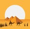 Group of People with Camels Caravan Riding in Realistic Wide Desert Sands in Middle East. Editable Vector Illustration