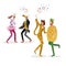 Group of people in carnival costumes. Jungle masquerade. Panter, flamingo, pineapple, toucan. Vector design for