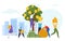 Group people character together stock financial, investor stand ladder gold coin tree, share market flat vector