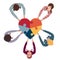 Group of people in circle top view multicultural volunteers holding a heart with puzzle pieces. NGO. Aid. Community of friends or