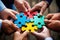 Group of People Collaboratively Holding Puzzle Piece Together, Puzzle, business hands and group of people for solution, teamwork