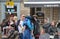 A group of people in costume stood in the town square at the annual hebden bridge steampunk weekend