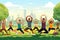 Group of people doing yoga in city park. Flat vector illustration, A group of people with different physical abilities