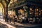 A group of people enjoying a meal together at an outdoor table in front of a restaurant, A quaint Parisian cafÃƒÂ© with people