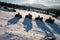 Group of people enjoying sunset, on off-road four-wheelers ATV bikes on snow in the the mountains in winter