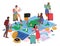 Group Of People Gather Around Huge World Map, Pointing Out Locations And Discussing Travel Plans Vector Illustration
