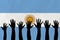 Group of people hands with Argentina flag background, political news banner