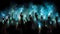 Group of people holding cigarette lighters and mobile phones at a concert crowd of people silhouettes with their hands up. Dark