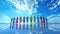 a group of people holding hands against the background of a clear blue sky, international harmony day, banner, poster