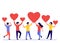 Group of people is holding red heart shape. Men and women give feedback, support, help, love. Good review, like