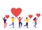 Group of people is holding red heart shape. Men and women give feedback, support, help, love. Good review, like