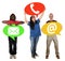 Group of people holding speech bubbles communication contact tel