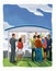 Group of people at an information board depicting a construction plan. Realtors and buyers. Digital illustration