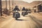 A group of people joyfully ride motorcycles along a dusty dirt road in the countryside, Bikers on Harley Davidson motorcycles on