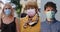 Group of people in masks, collage citizens Virus mask on street wearing face protection in prevention for coronavirus