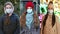 Group of people in medical masks, multiple screen collage citizens virus mask on street wearing face protection in