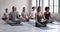 Group of people meditating improve inner harmony mind body relaxation