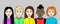 Group of people, men and women of different nations, skin and hair colors. Set of Asian, European, African cartoon simple