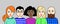 Group of people, men and women of different nations, skin and hair colors. Set of Asian, European, African cartoon simple