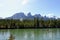 A group of people paddle boarding down the Bow River surrounded by forests and mountains in Canmore, Alberta, Canada