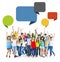 Group of People Raising Hands with Speech Bubbles