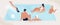 Group of people resting together at open-air swimming pool party vector flat illustration. Joyful friends enjoy outdoors