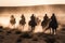 A group of people riding horses across the desert. The horses should be galloping and kicking up dust behind them. Generative AI