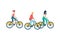 Group of people riding on rented bicycles flat vector illustration isolated.