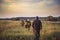 Group of people in a row going away through rural field at sunset during hunting season in countryside