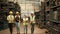 A group of people in safety uniforms and helmets in warehouse: workers of various races such as Caucasian, Black, and Asian are fa