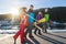 Group Of People Ski And Snowboard Resort Winter Snow Mountain Cheerful Happy Smiling Friends Talking Holiday