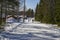 Group of people sking on track in cross country ski zone during the winter