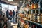 A group of people standing in front of shelves with bottles in alcohol store