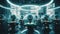 A group of people standing in a room filled with glass domes. Generative AI image.