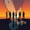 A group of people standing in the silhouette of a sunset all staring in the same direction with the shattered remains of