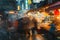 A group of people walking along a street at night, surrounded by bustling activity, Blurred shapes of a busy street food market